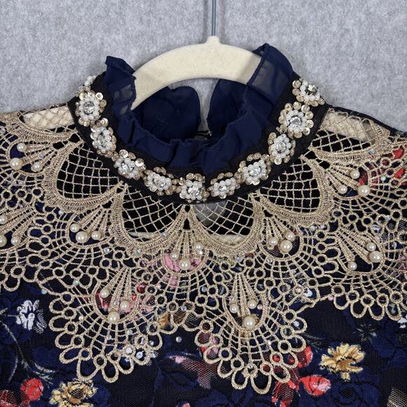 Lace‎ Blouse Medium Pearls Butterflys Gold Crochet Maximalist Victorian Coquette - Picture 4 of 14
